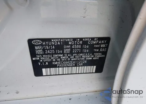 2014 Hyundai Sonata Hybrid Limited z USA, uszkodzony, nr VIN KMHEC4A42EA112124